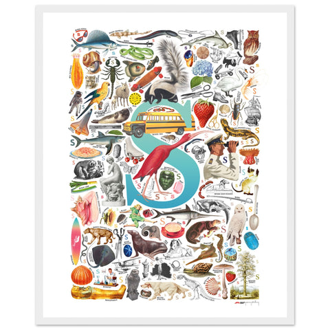 "S is for Surprise" — a Renard Roux alphabet poster with English S words (turquoise version)