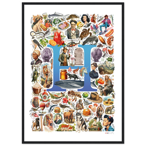 "H is for Heroes" — a Renard Roux alphabet poster with English H words (blue version)