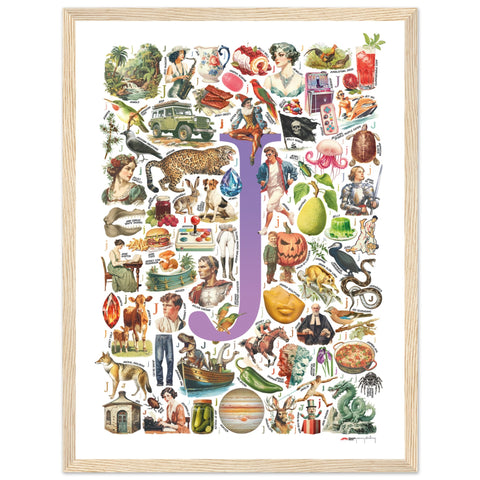"J is for Journey" — a Renard Roux alphabet poster with English J words (purple version)