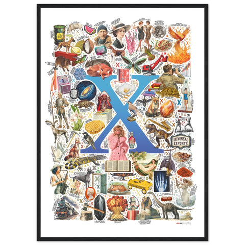 "X is for Xanadu" — a Renard Roux alphabet poster with English X words (blue version)