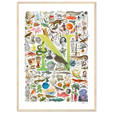 "N is for Nature" — a Renard Roux alphabet poster with English N words (chartreuse version)