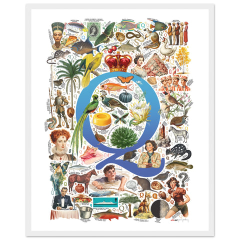 "Q is for Quest" — a Renard Roux alphabet poster with English Q words (blue version)