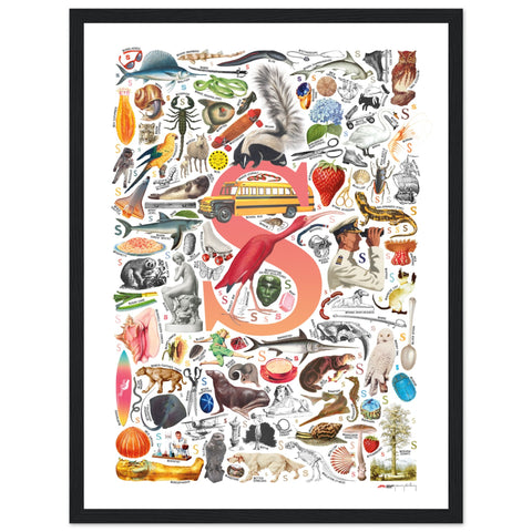 "S is for Surprise" — a Renard Roux alphabet poster with English S words (red version)