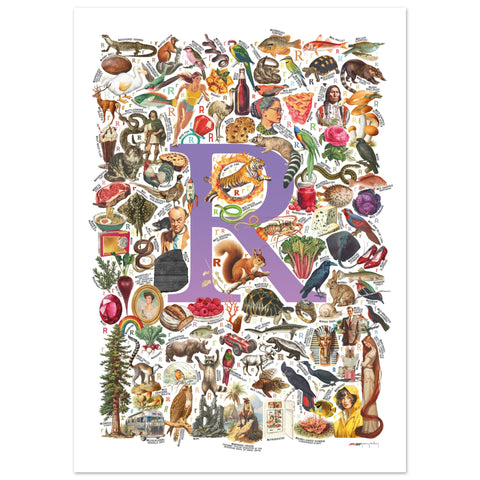 "R is for Remarkable" — a Renard Roux alphabet poster with English R words (purple version)