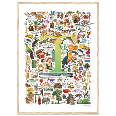 "T is for Treasure" — a Renard Roux alphabet poster with English T words (chartreuse version)