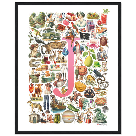 "J is for Journey" — a Renard Roux alphabet poster with English J words (pink version)