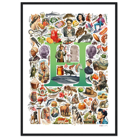 "H is for Heroes" — a Renard Roux alphabet poster with English H words (green version)