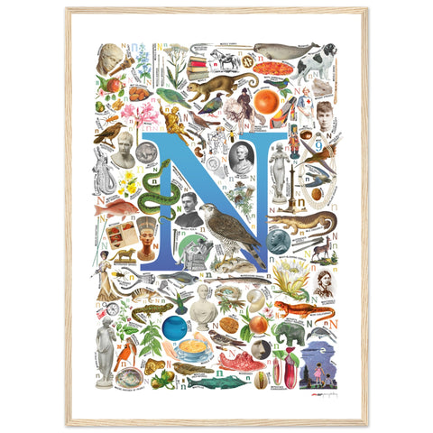 "N is for Nature" — a Renard Roux alphabet poster with English N words (blue version)