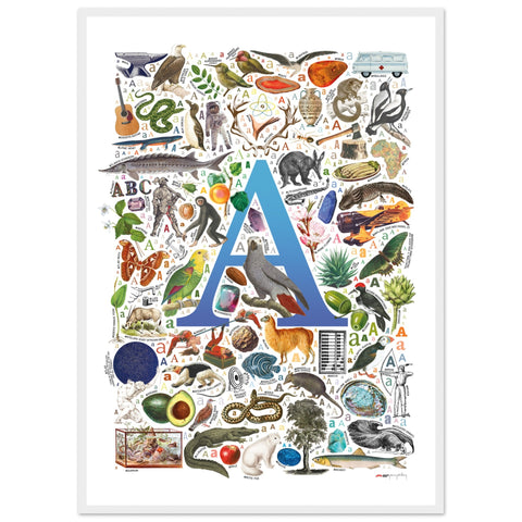 "A is for Adventure" — a Renard Roux alphabet poster with English A words (blue version)