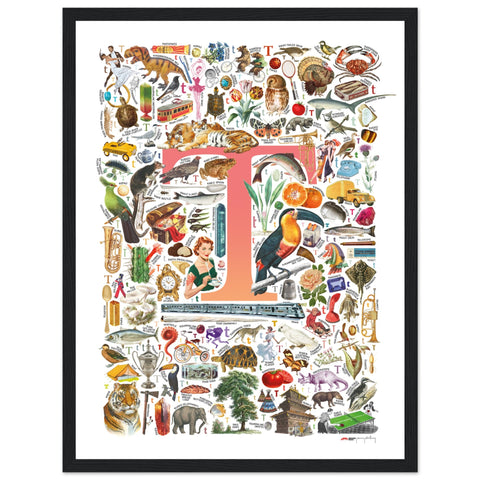 "T is for Treasure" — a Renard Roux alphabet poster with English T words (red version)
