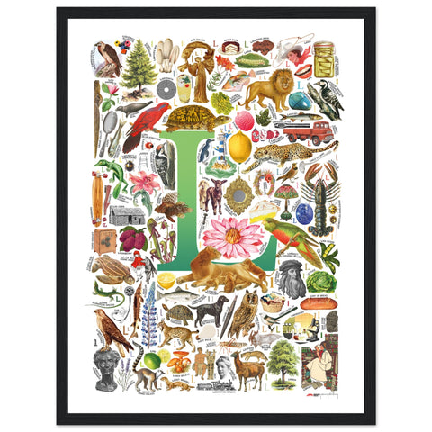 "L is for Learning" — a Renard Roux alphabet poster with English L words (green version)