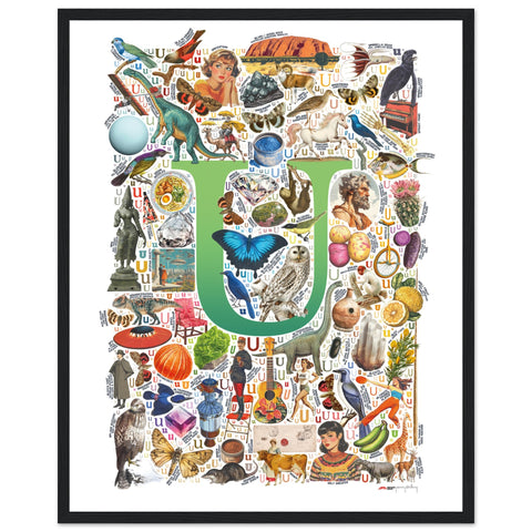 "U is for Unique" — a Renard Roux alphabet poster with English U words (green version)