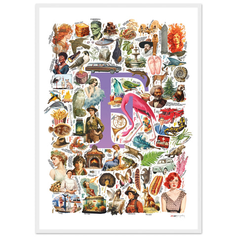 "F is for Festive" — a Renard Roux alphabet poster with English F words (purple version)