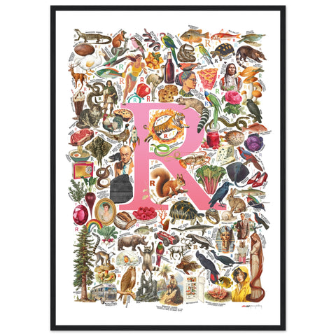 "R is for Remarkable" — a Renard Roux alphabet poster with English R words (pink version)