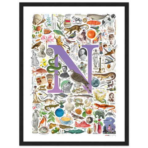 "N is for Nature" — a Renard Roux alphabet poster with English N words (purple version)