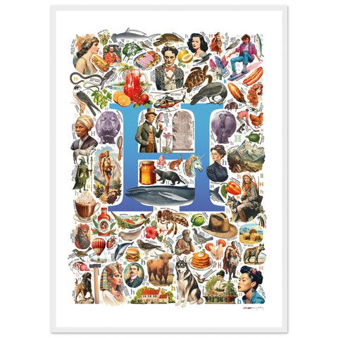"H is for Heroes" — a Renard Roux alphabet poster with English H words (blue version)