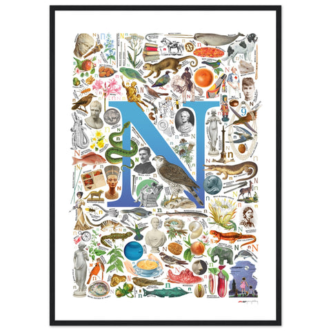 "N is for Nature" — a Renard Roux alphabet poster with English N words (blue version)
