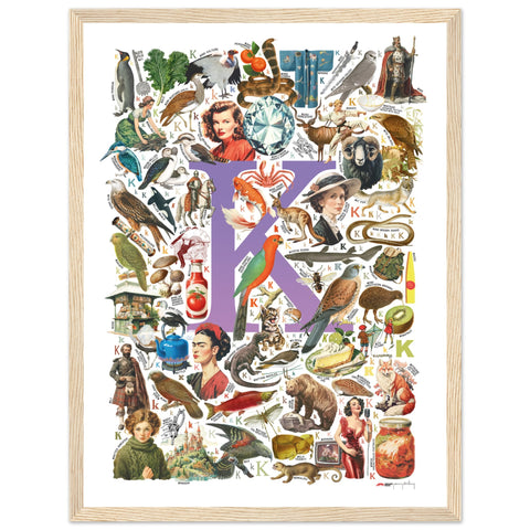 "K is for Keen" — a Renard Roux alphabet poster with English K words (purple version)