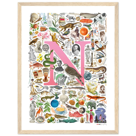"N is for Nature" — a Renard Roux alphabet poster with English N words (pink version)
