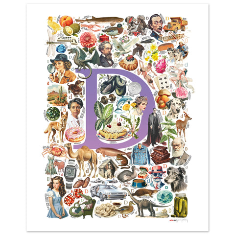 "D is for Discovery" — a Renard Roux alphabet poster with English D words (purple version)