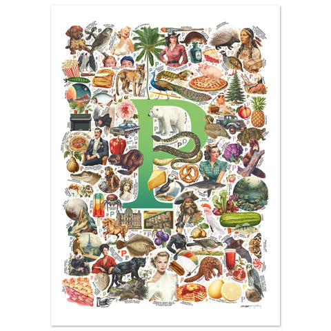 "P is for Pioneer" — a Renard Roux alphabet poster with English P words (green version)