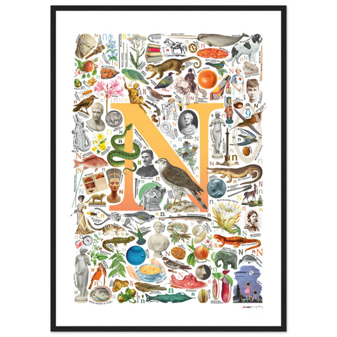 "N is for Nature" — a Renard Roux alphabet poster with English N words (yellow version)