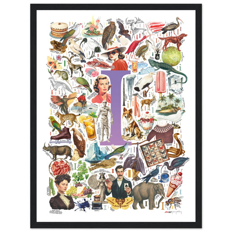 "I is for Imagination" — a Renard Roux alphabet poster with English I words (purple version)