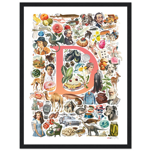"D is for Discovery" — a Renard Roux alphabet poster with English D words (red version)