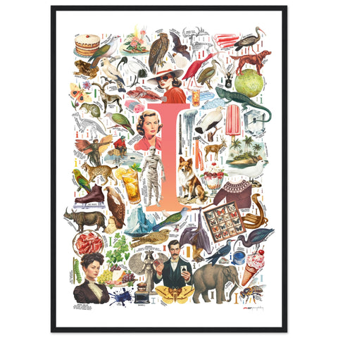 "I is for Imagination" — a Renard Roux alphabet poster with English I words (red version)