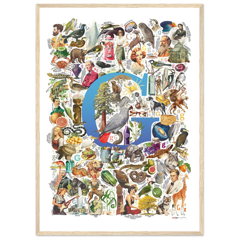 "G is for Great" — a Renard Roux alphabet poster with English G words (blue version)