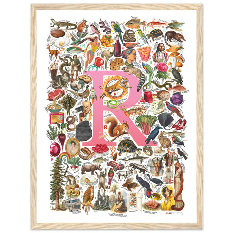 "R is for Remarkable" — a Renard Roux alphabet poster with English R words (pink version)