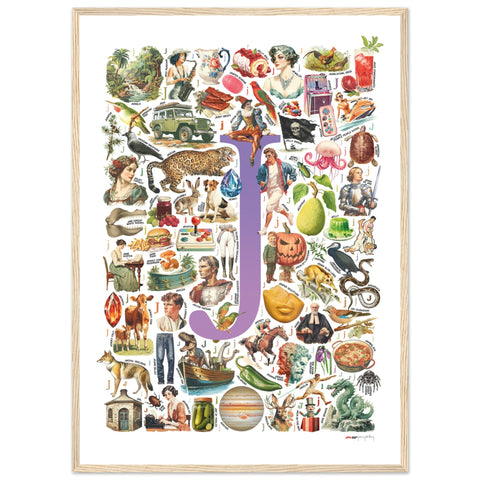 "J is for Journey" — a Renard Roux alphabet poster with English J words (purple version)