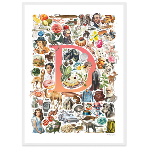 "D is for Discovery" — a Renard Roux alphabet poster with English D words (red version)