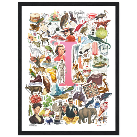 "I is for Imagination" — a Renard Roux alphabet poster with English I words (pink version)