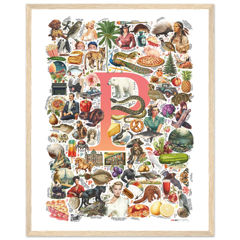 "P is for Pioneer" — a Renard Roux alphabet poster with English P words (red version)