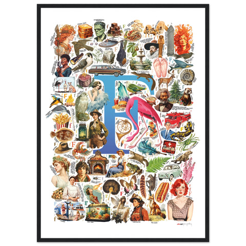 "F is for Festive" — a Renard Roux alphabet poster with English F words (blue version)