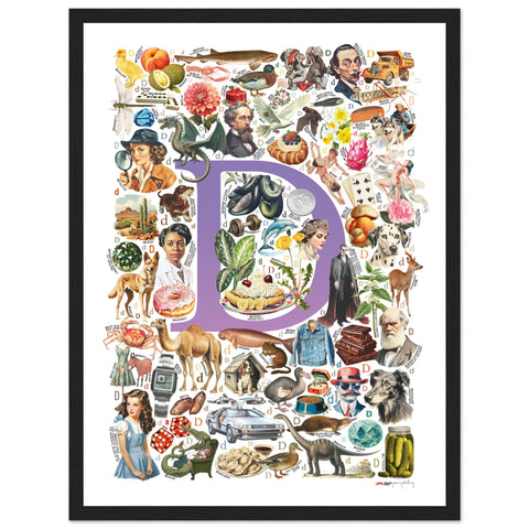 "D is for Discovery" — a Renard Roux alphabet poster with English D words (purple version)