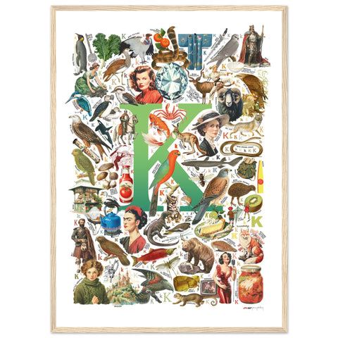 "K is for Keen" — a Renard Roux alphabet poster with English K words (green version)