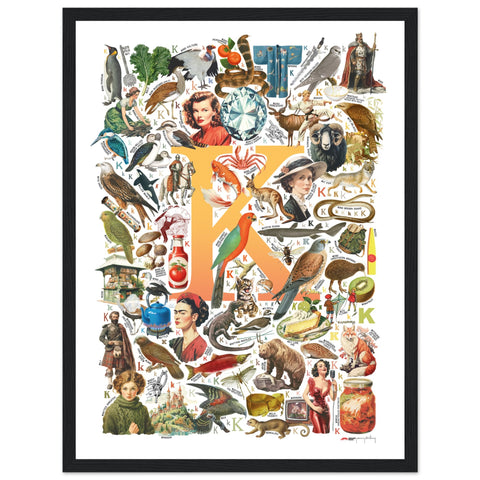 "K is for Keen" — a Renard Roux alphabet poster with English K words (yellow version)