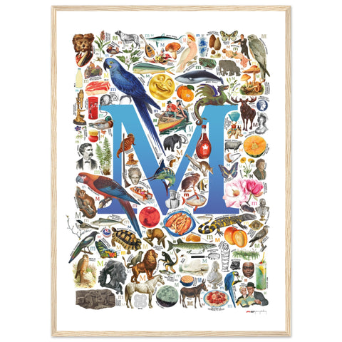 "M is for Magical" — a Renard Roux alphabet poster with English M words (blue version)