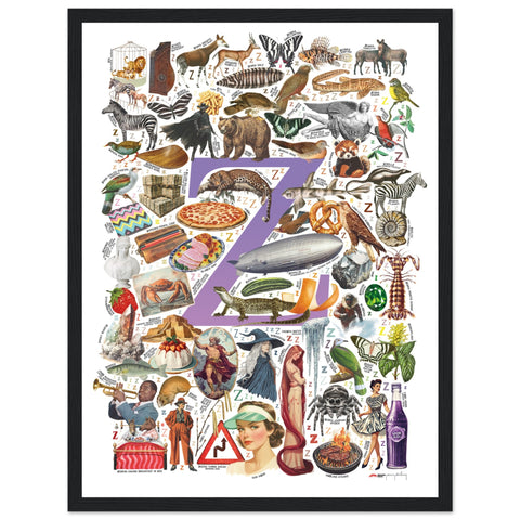 "Z is for Zenith" — a Renard Roux alphabet poster with English Z words (purple version)