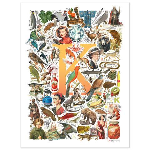 "K is for Keen" — a Renard Roux alphabet poster with English K words (yellow version)