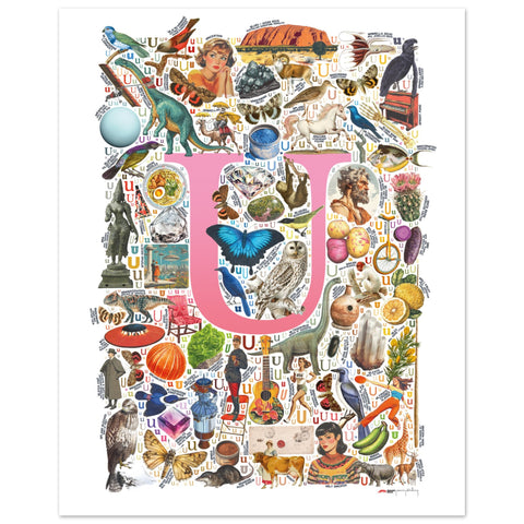 "U is for Unique" — a Renard Roux alphabet poster with English U words (pink version)