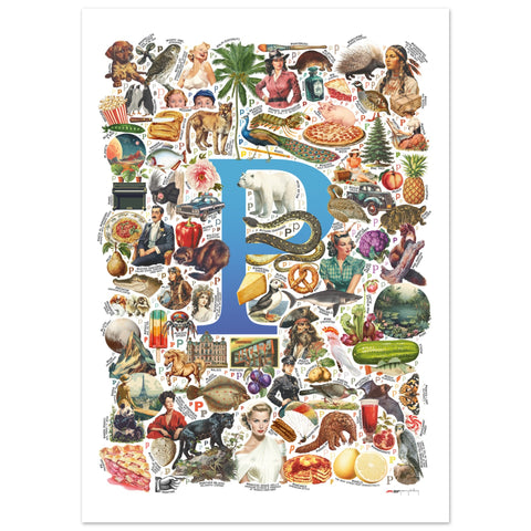 "P is for Pioneer" — a Renard Roux alphabet poster with English P words (blue version)
