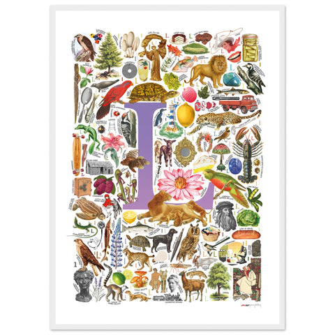 "L is for Learning" — a Renard Roux alphabet poster with English L words (purple version)