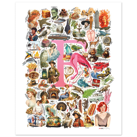 "F is for Festive" — a Renard Roux alphabet poster with English F words (pink version)