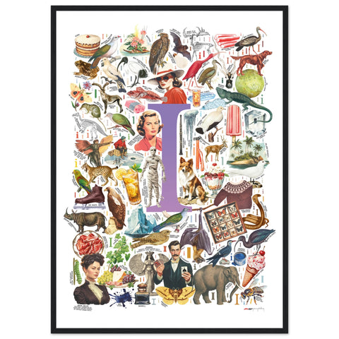"I is for Imagination" — a Renard Roux alphabet poster with English I words (purple version)