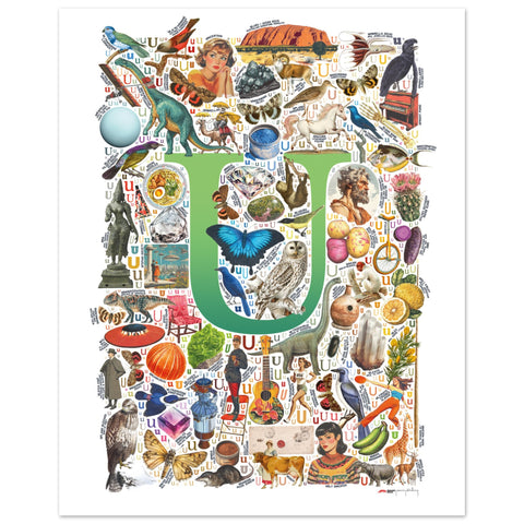 "U is for Unique" — a Renard Roux alphabet poster with English U words (green version)