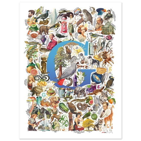 "G is for Great" — a Renard Roux alphabet poster with English G words (blue version)