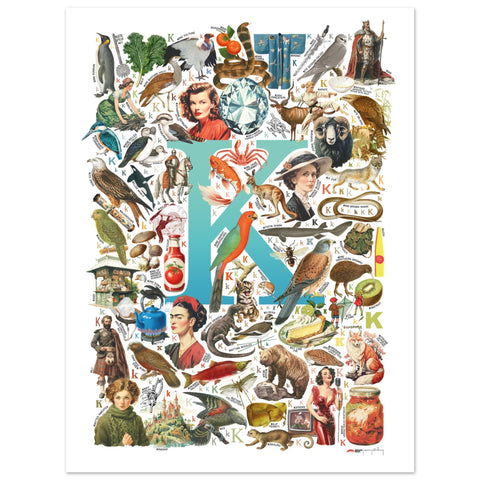 "K is for Keen" — a Renard Roux alphabet poster with English K words (turquoise version)